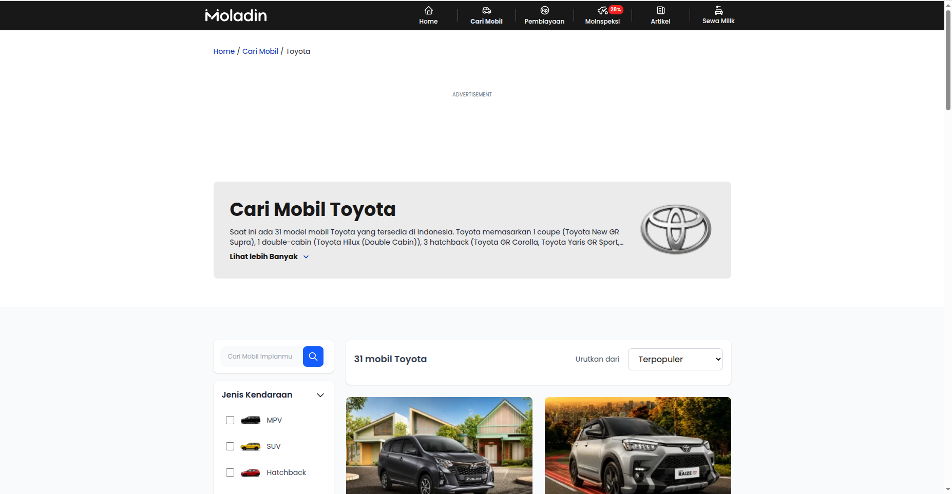 Moladin Toyota brand search page