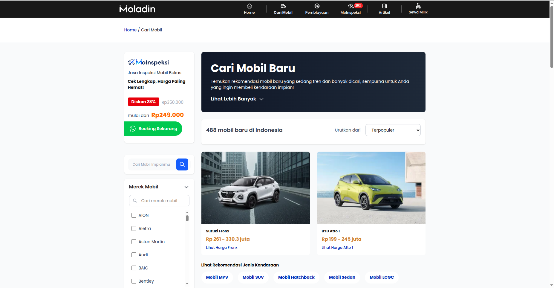 Moladin car search page